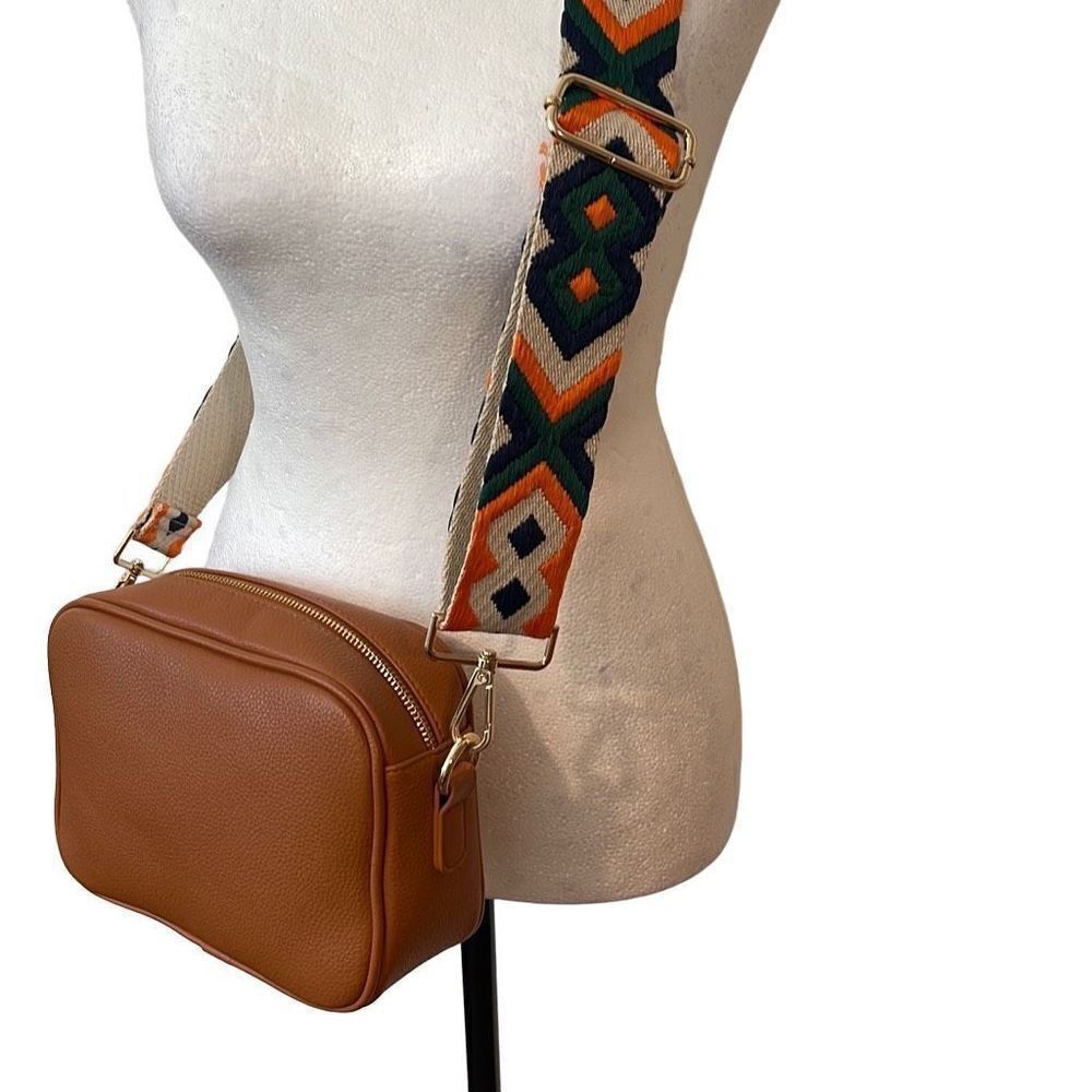 AH•DORNED Crossbody Bag w/strap. Vegan leather. Camel colored